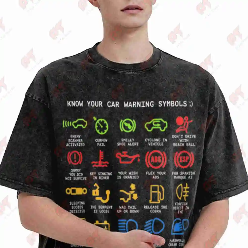 Car Warning Signs Auto Mechanic Vintage Washed Tee Pure Cotton T-Shirt