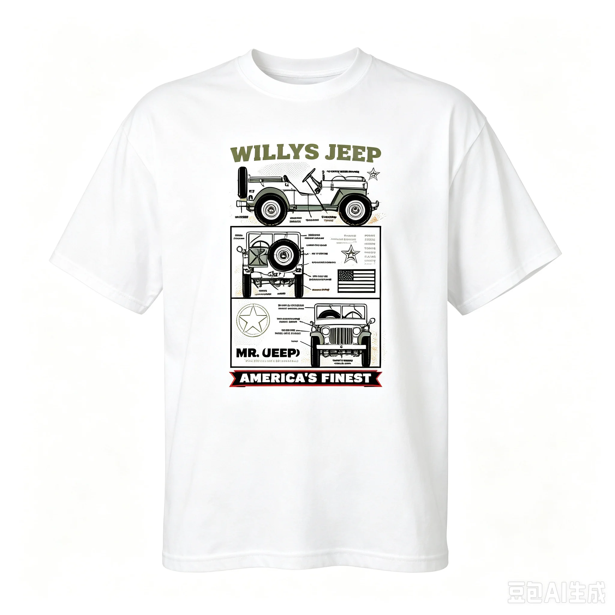 Willys Jeep Blueprint Graphic T-shirt Unisex Vintage Military Offroad Crew Neck Tee
