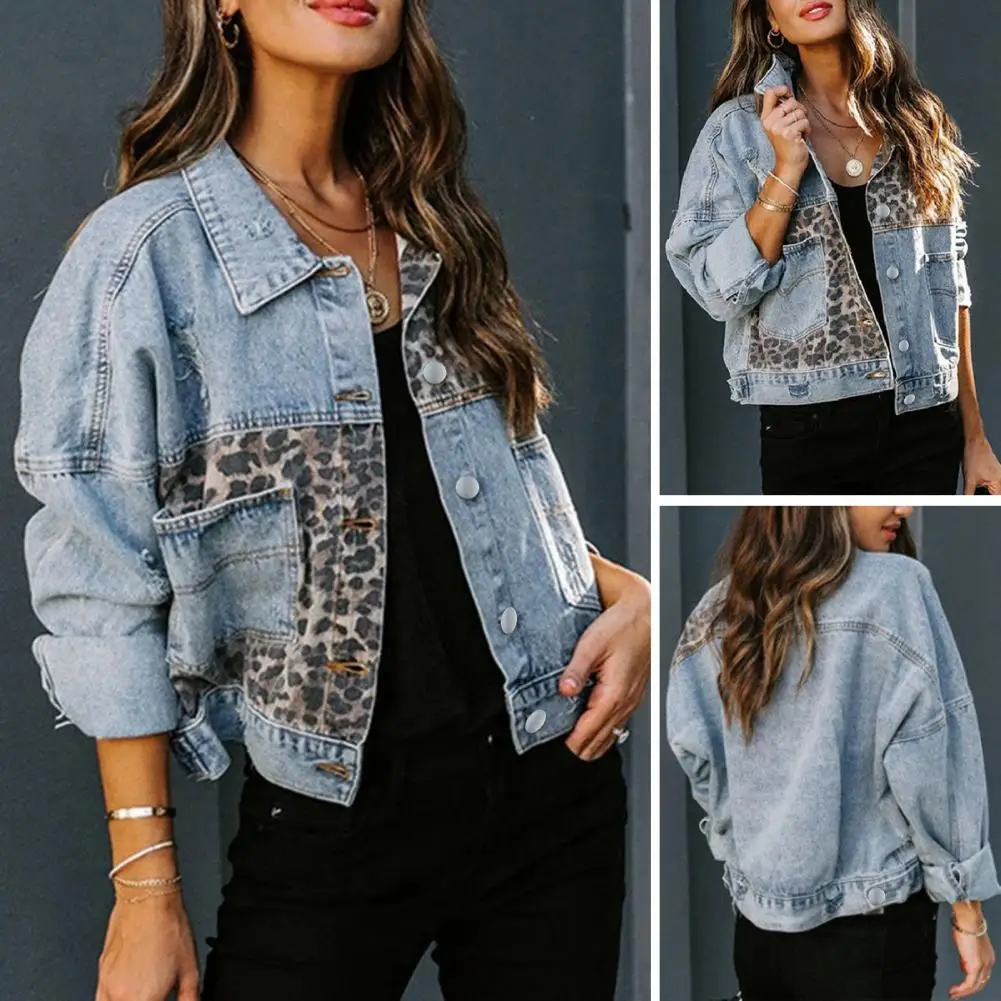 

Women Coat with Buttons Leopard Splicing Denim Jacket Stylish Loose Fit Coat for Women Autumn Winter Outwear with Buttoned