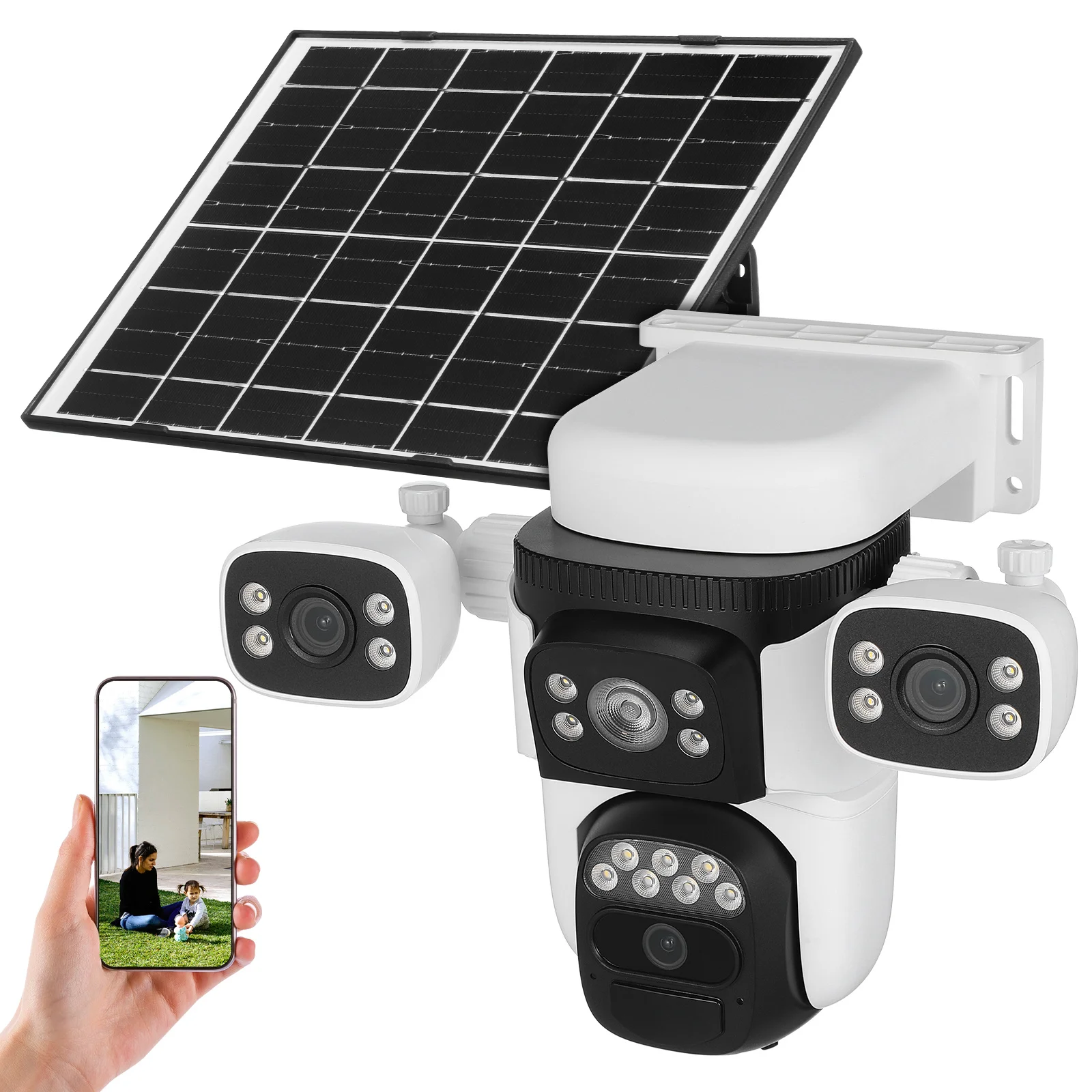 Zewnętrzna kamera bezpieczeństwa zasilana energią słoneczną WiFi Trzy obiektywy Noktowizor Czujnik PIR Bezprzewodowa Bez martwych polew Kamera solarna