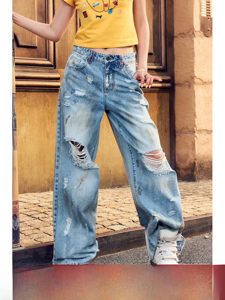 

Джинсы BeerBro Loose Street Sle ручной работы, повседневные, женские, с низкой посадкой, широкие штанины, летняя коллекция