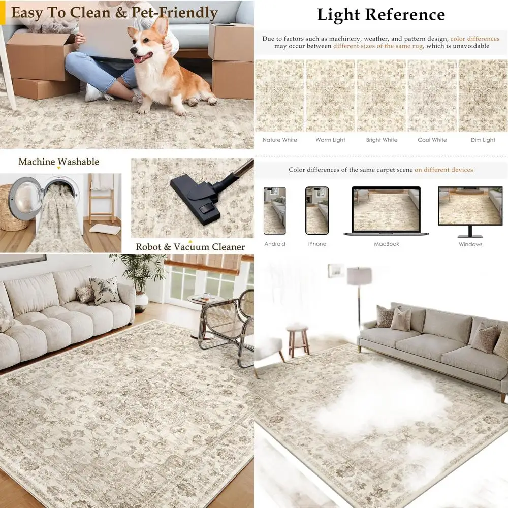 

Ковер 6x9 футов, моющийся, нейтральный, бежевый, винтажный, для гостиной, спальни, нескользящий, мягкий, с низким ворсом, с цветочным узором, для столовой