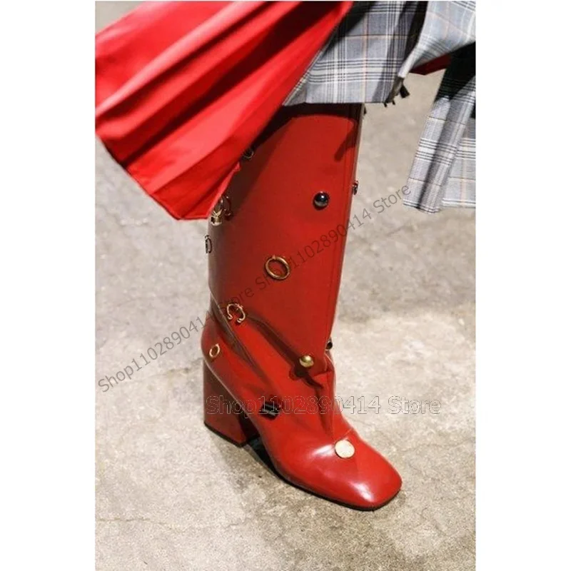 

Metal Circle Rivets Decor Red Black Square Toe Boots Slip On Women Shoes Chunky High Heels Novel Runway 2025 Zapatos Para Mujere