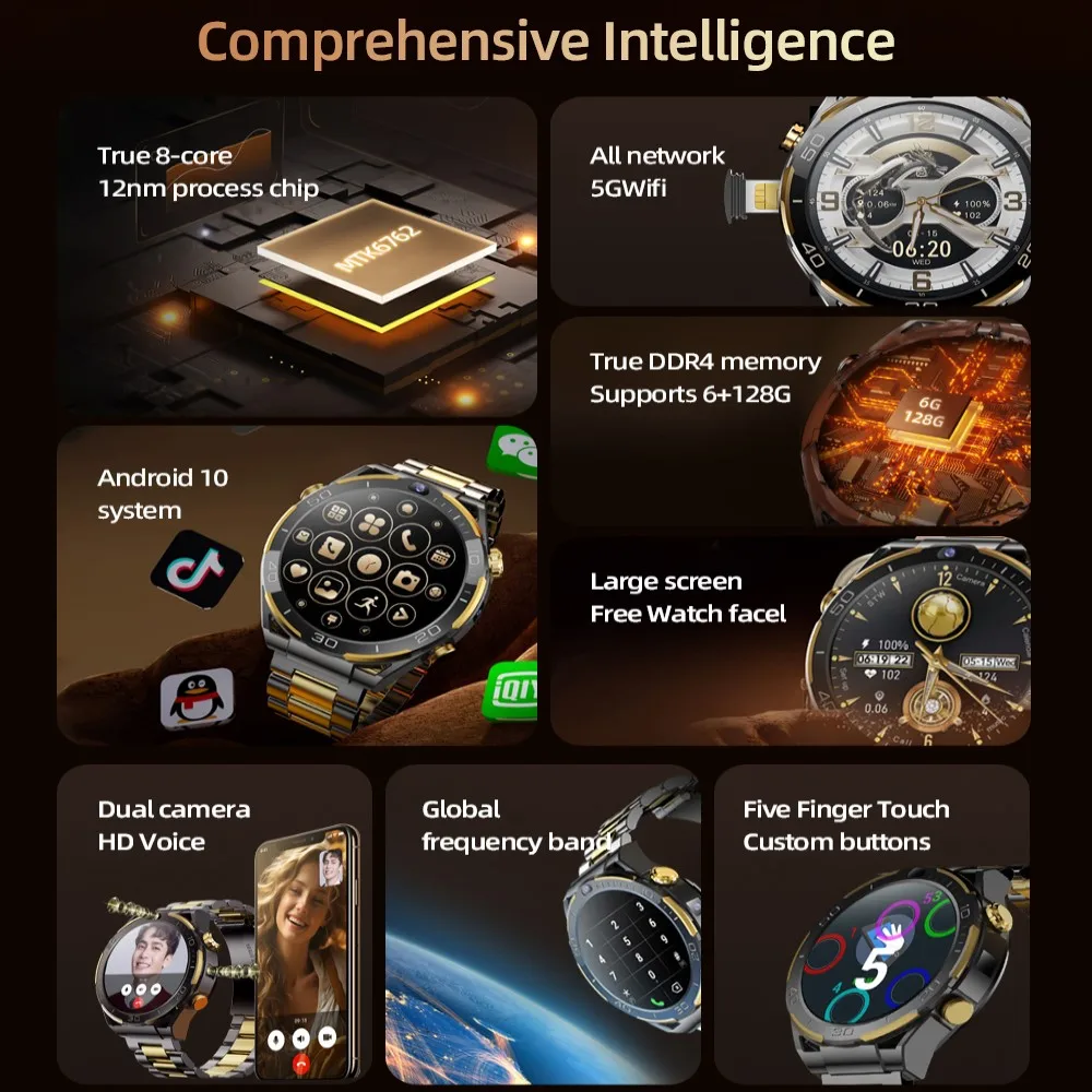 6G + 128G تخزين كبير 4G Android 10 Smartwatch API 29 MTK 6762 CPU LTE Global Network Android10 ساعة ذكية مع كاميرا بطاقة Sim