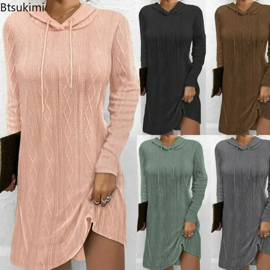 New 2026 Women's Elegant Long-sleeved Hooded Party Dress Women's Winter Daily Causal Solid Color Vintage Lace Up Pullover Dress