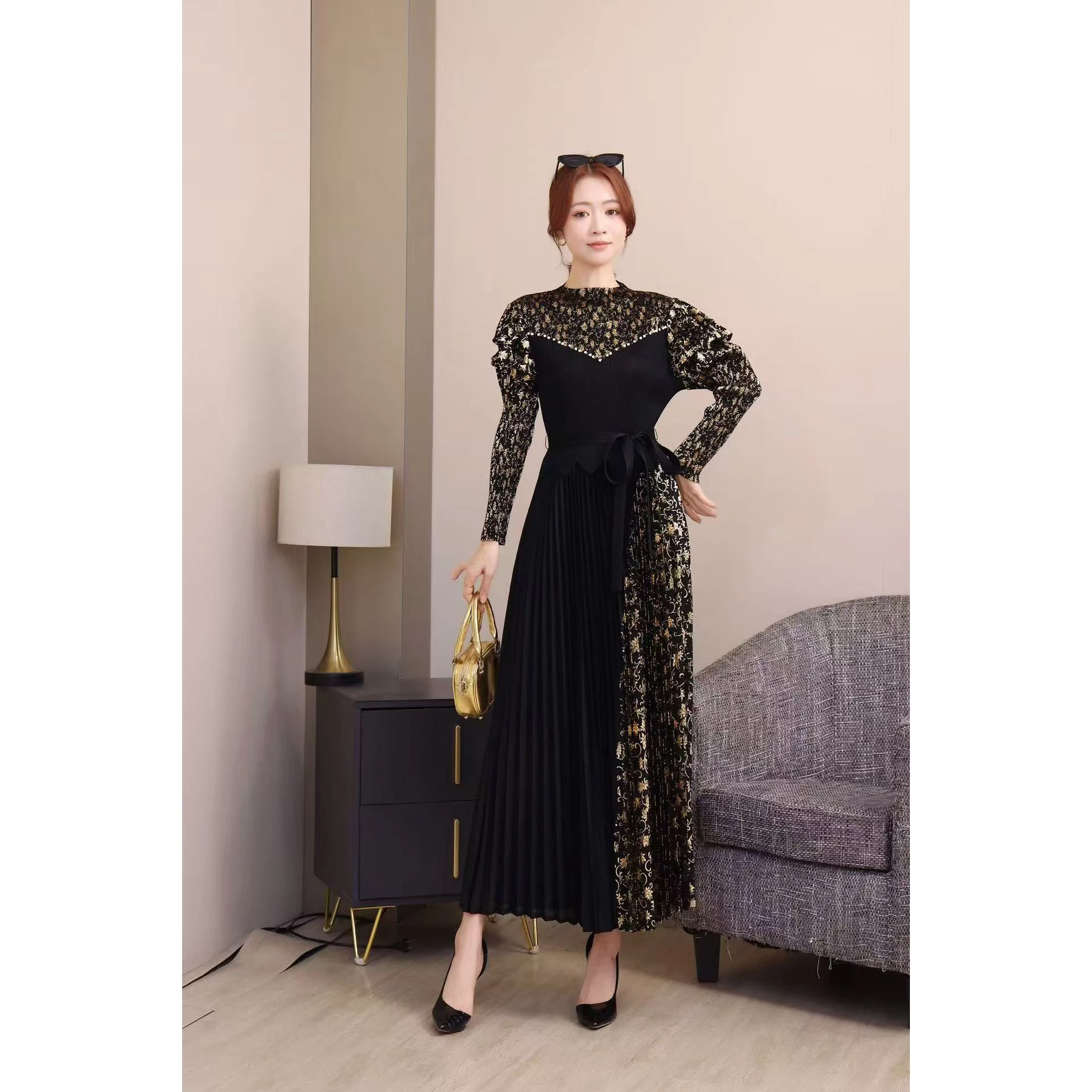 

Осеннее женское платье-рубашка с длинными рукавами-фонариками, плиссированное, с золотой строчкой, модным дизайном и эффектом пэчворк