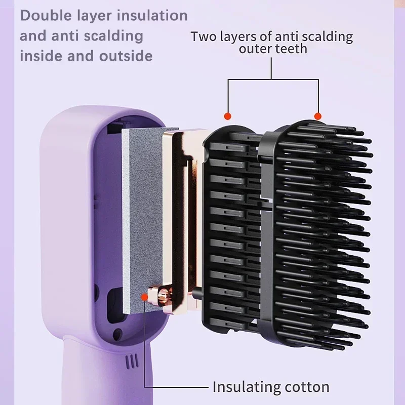 Lisseur Électrique Sans Fil Chauffant à Ions Négatifs, Peigne à Friser, Rechargeable, Anti-Brûlure, Brosse de Soins Capillaires