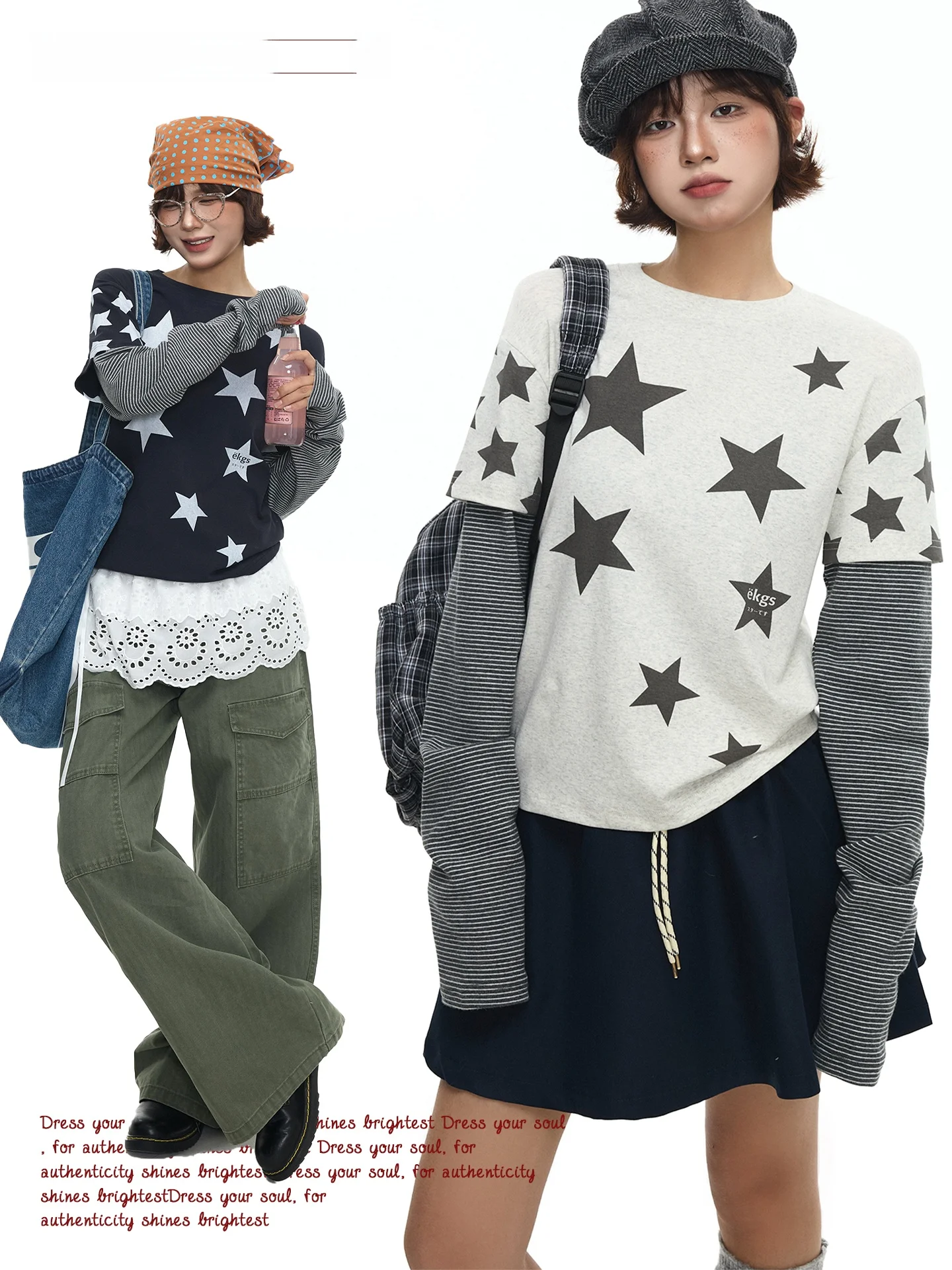 

Stars Stripes Long Sve ort T-irt Women's Patchwork Design Slim Fit Casual Sle Spring Season round Ne Sweat Absorbent