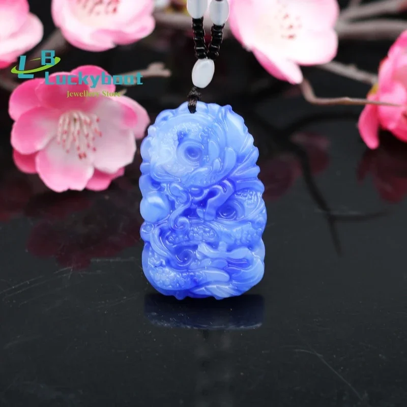 

Natural Blue White Jade Dragon Pendant Necklace Chinese Hand-Carved Charm Jewelry Fashion Amulet Accessories for Men Women Gifts