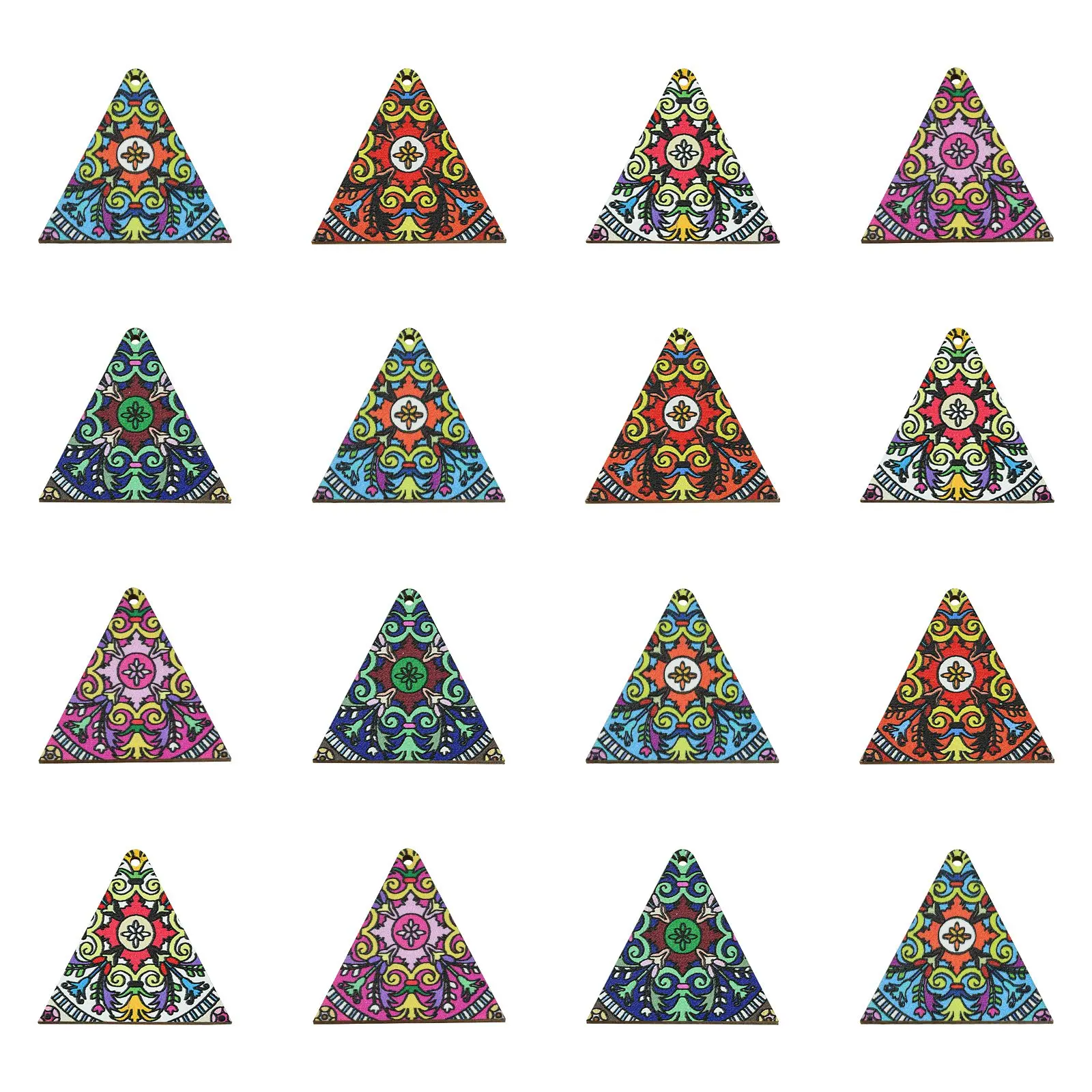 Pandahall 24Pcs 4 Styles Wooden Triangle Geometric Charms Boho Series Printed Natural Wood Pendants for Earrings Jewelry Making