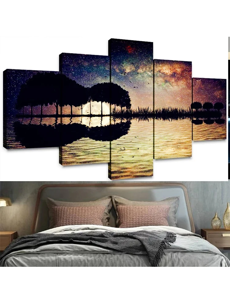 

Guitar Island Moonlight diamond painting Wall Decoration Starry Sky Picture 5 Panel Living Room Home Guitar Painting Landscape