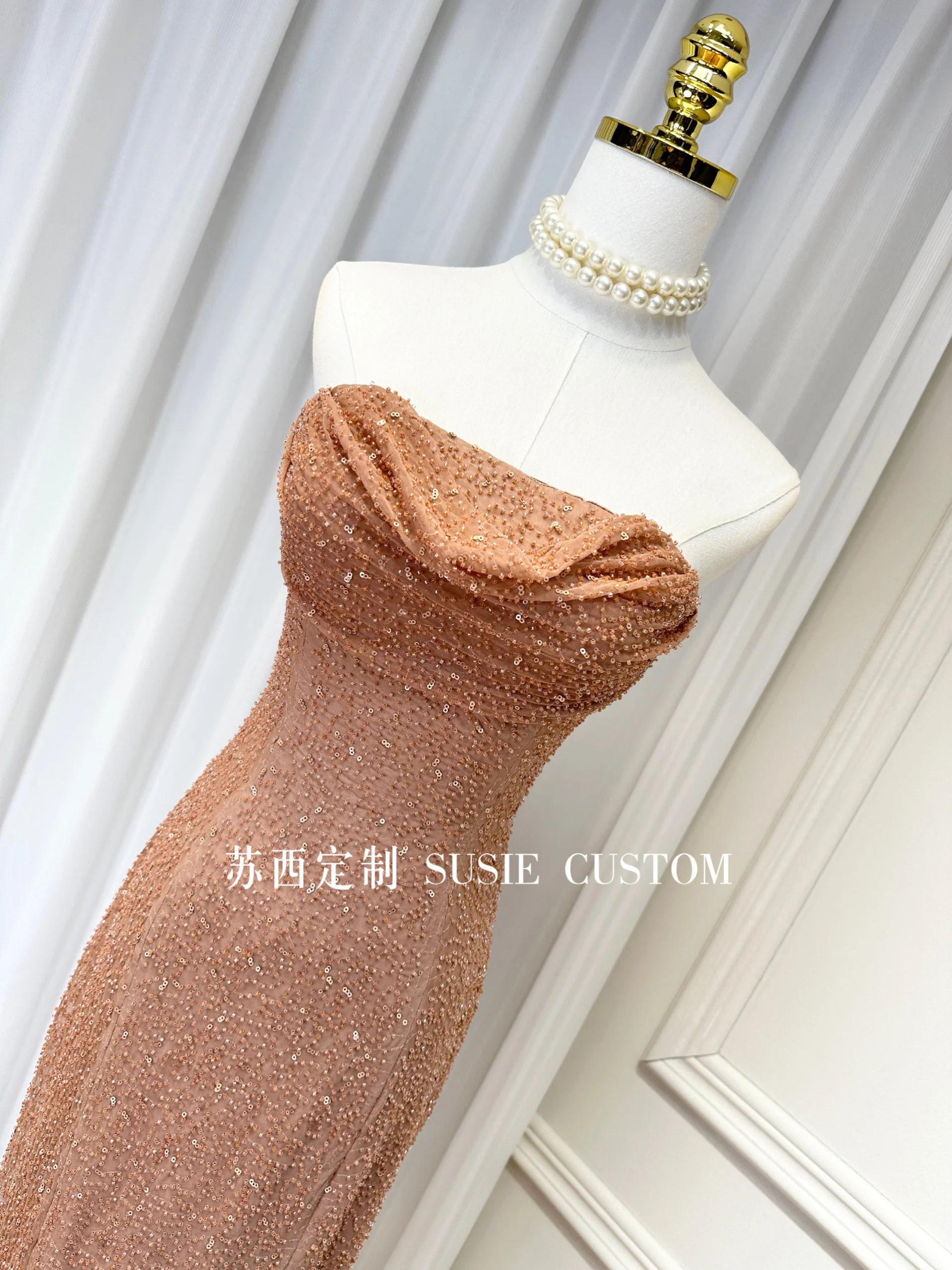 French Elegant Beaded Sequined Pleated Pile Collar Sleeveless High Waist Skinny Sheath Split Strapless Evening Long Dress Women