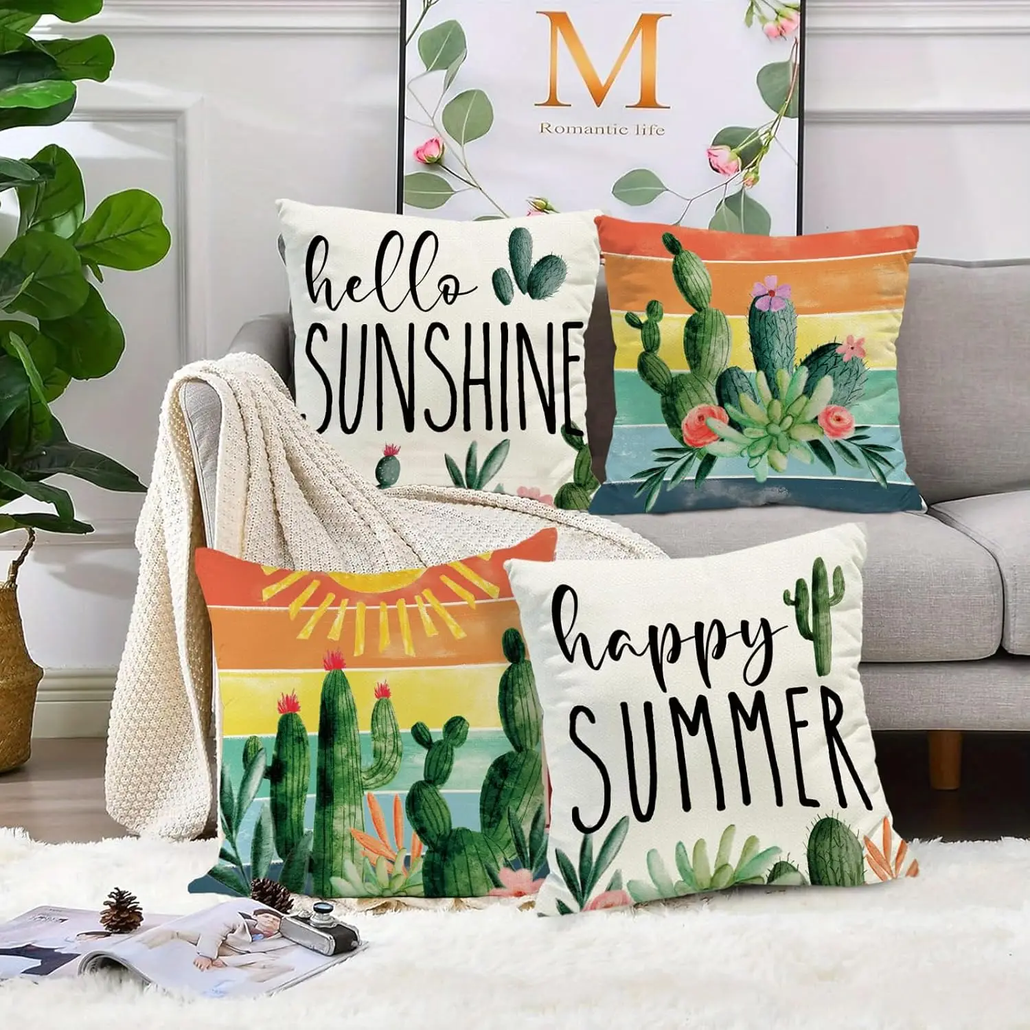 Cactus Pillow Covers Holiday Throw Pillows, Bohemia Hello Sunshine Decorative Farmhouse Cushion Case for Sofa Couch Set of 4