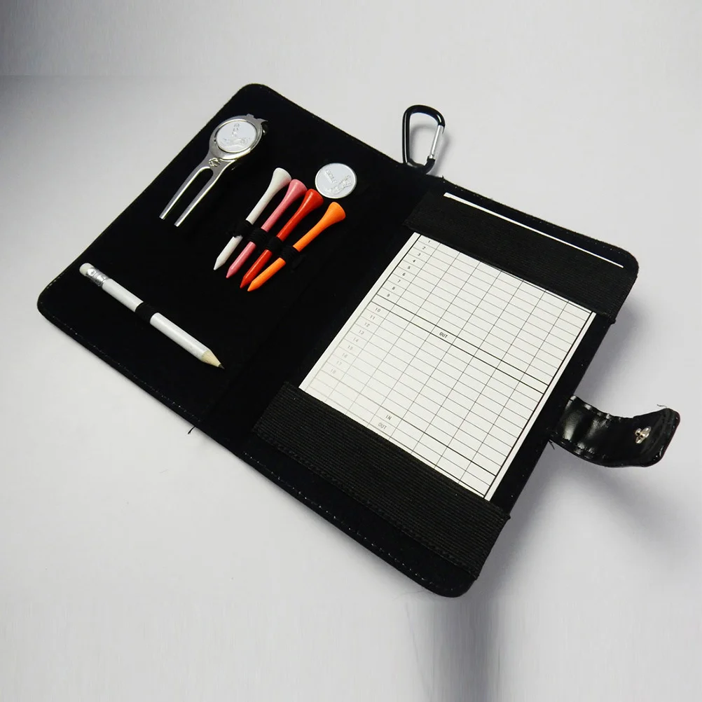 Golf Score Book Schwarz Scorecard Halter Werkzeugtasche Echter Organizer mit Divot Tool Ball Marker Tees Bleistift Scorecard