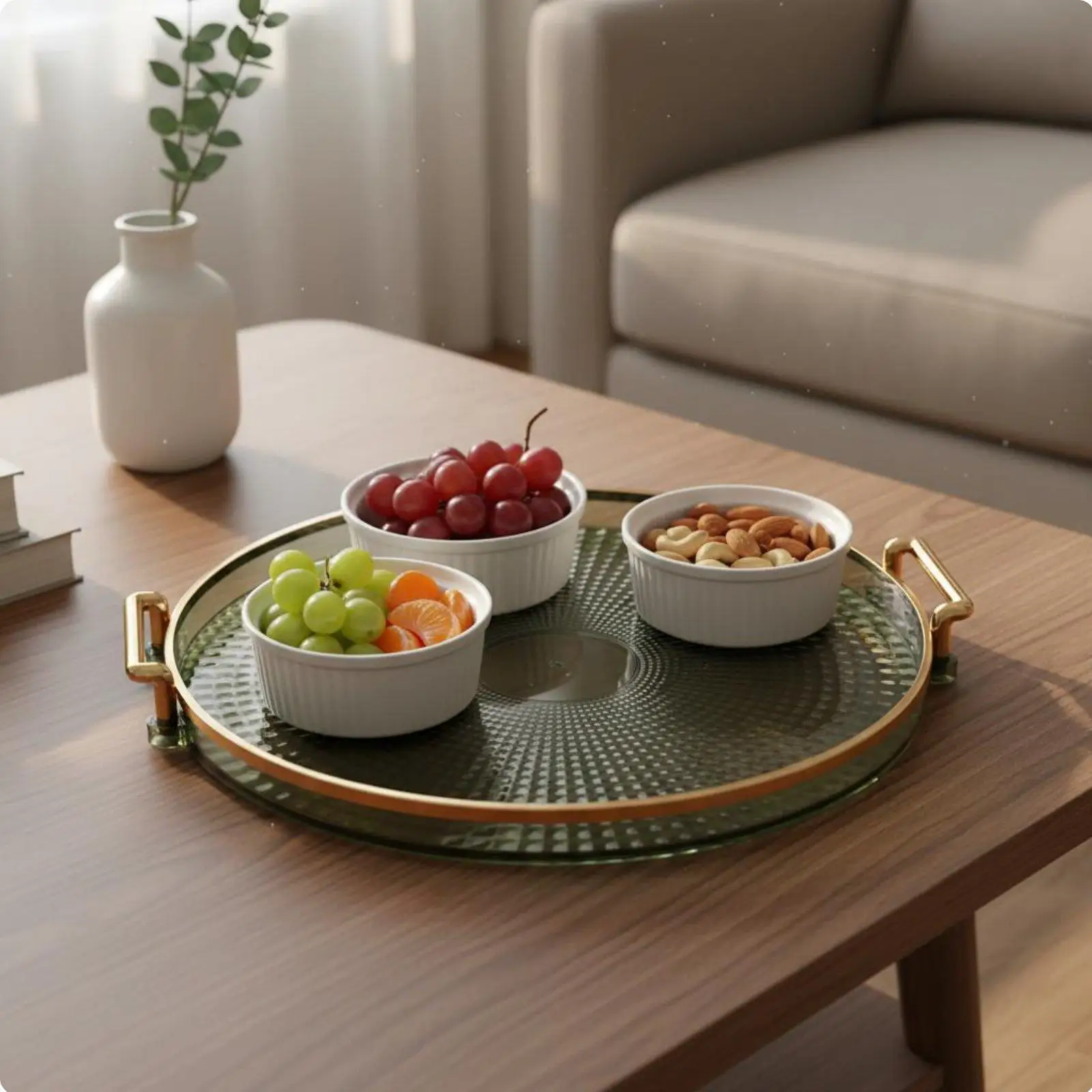 Diamond Pattern Tray Luxury Plastic Round Tray with Handles Decorative Tableware Tray for Party and Snack Display