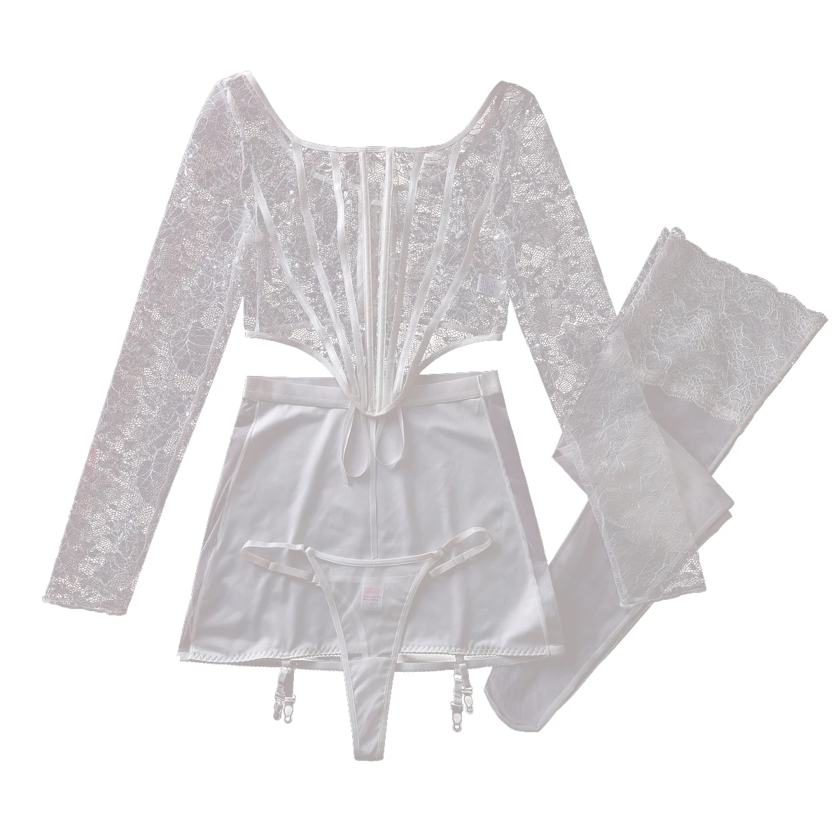 MUZISKAT elegant temperament square collar lace fishbone see through long sleeved outfit with sexy hip hugging skirt split set