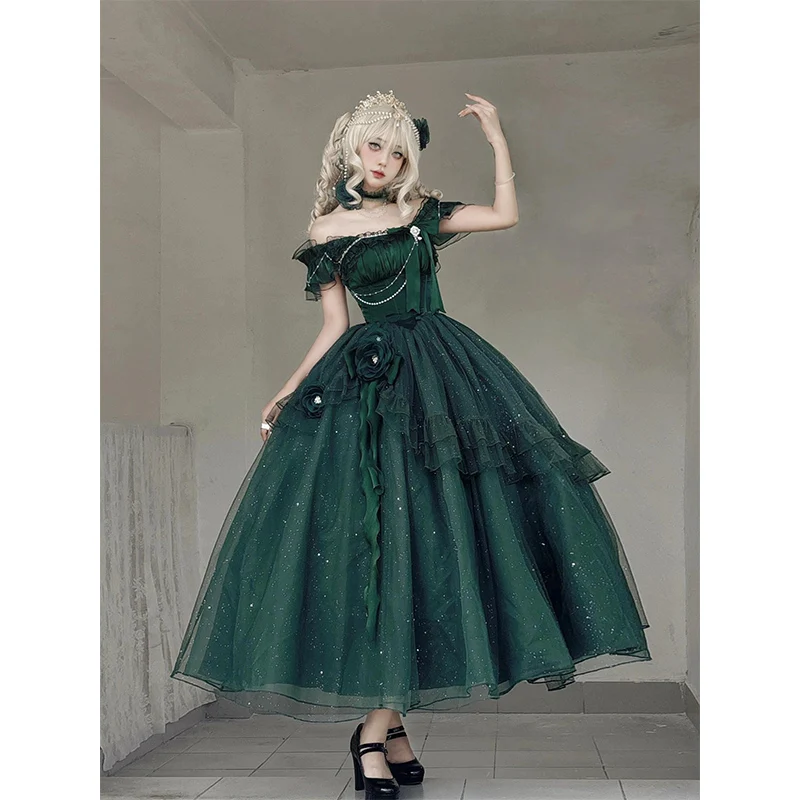 Zielony kwiat długa suknia ślubna damska letnia dopasowana elegancka suknia wieczorowa Retro Lolita śliczna kokarda kończąca się sukienki urodzinowe