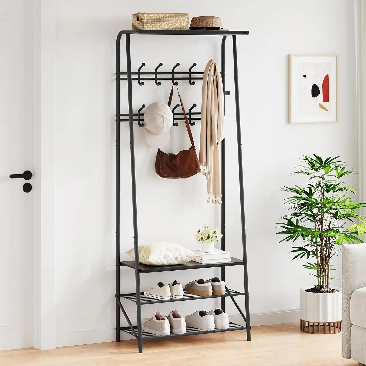 

4-in-1 Freestanding Entryway Coat Rack Hall Tree with Bench & Shoe Rack, Hall Tree with Hooks & 3-Tier Storage for Hallway