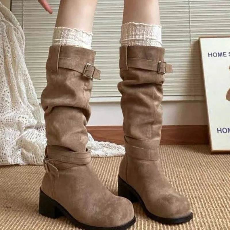 

Microfiber Suede High Tube1.00Chunky Rubber Winter Mid Heel(3-5cm)Bagged Fashion Boots Round Toe Boots