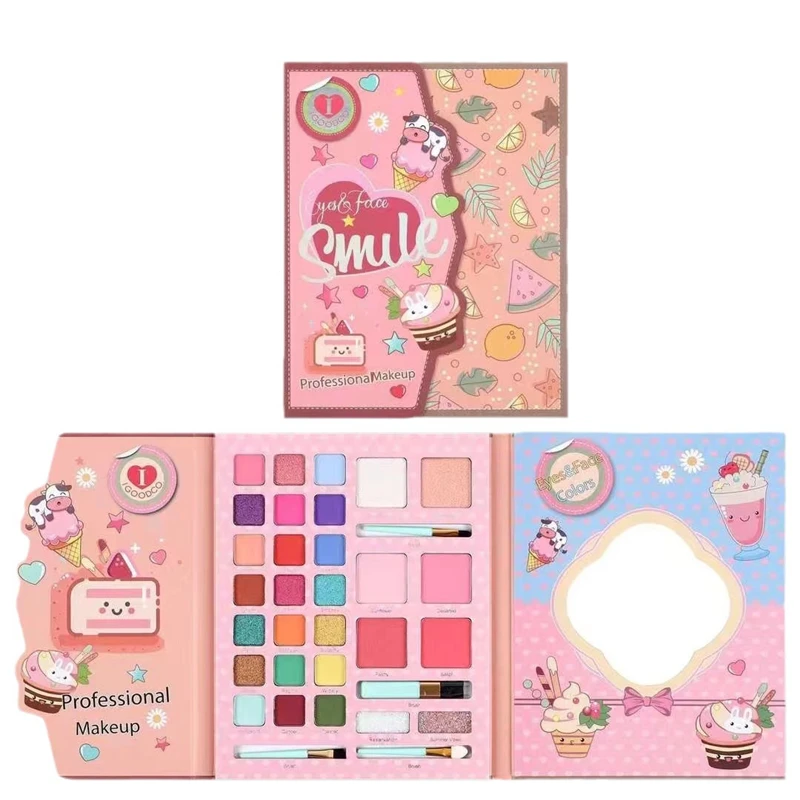 29 Colors Cartoon Design Matte Eyeshadow Palette with Brush Glitter Eye Shadow Face Blush Pigment Cute Makeup for Performance