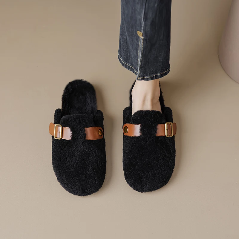 Dilalula 2026 موضة النساء نعال من الصوف كعوب منخفضة سميكة مغطاة تو حزام مشبك ديسمبر سيدة الخريف الشتاء الدافئة البغال عادية #5