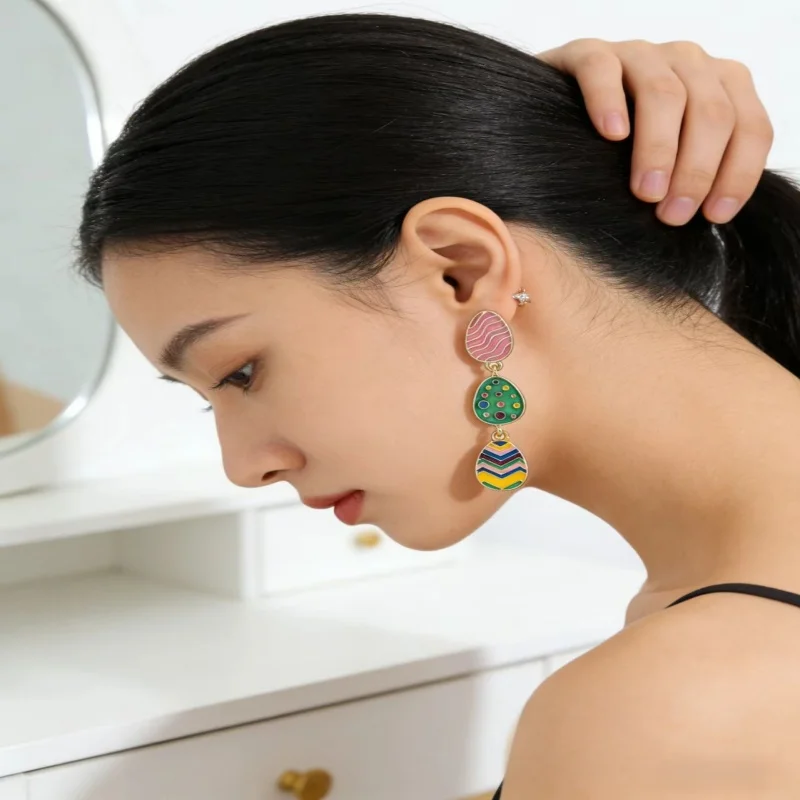 

Creative Colorful Drip Oil Three-Layer Mini Egg Alloy Earrings Elegant Women's Daily Party Versatile Accessories Unique Jewelry