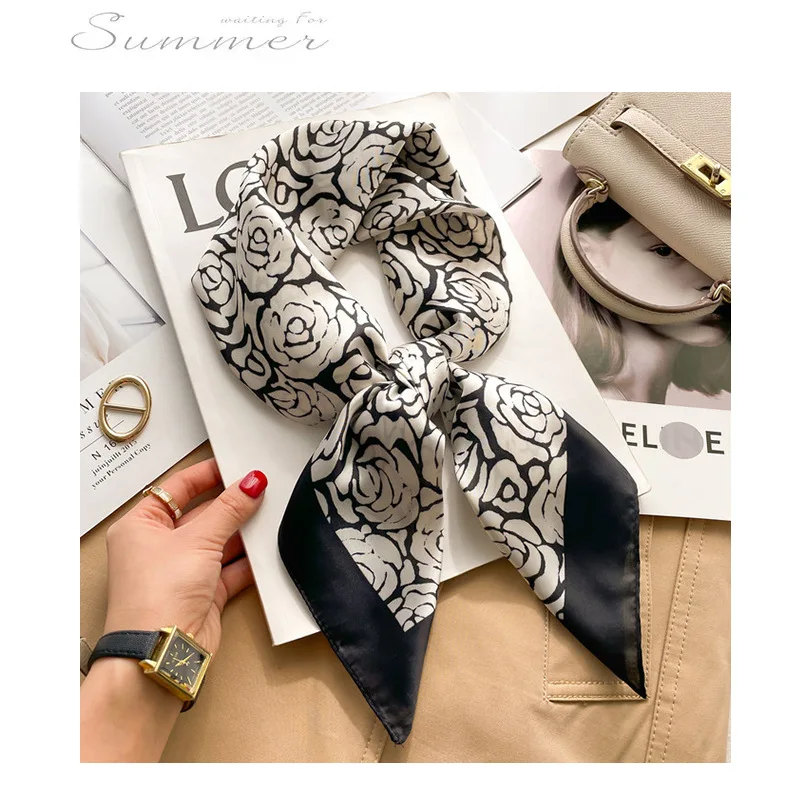 Marke Floral Print Seide Quadrat Schal Frauen Weiche Satin Kopftuch Haarband Halstuch Kopf Hijab Dame Stirnband Foulard Tasche Band – Detail 2