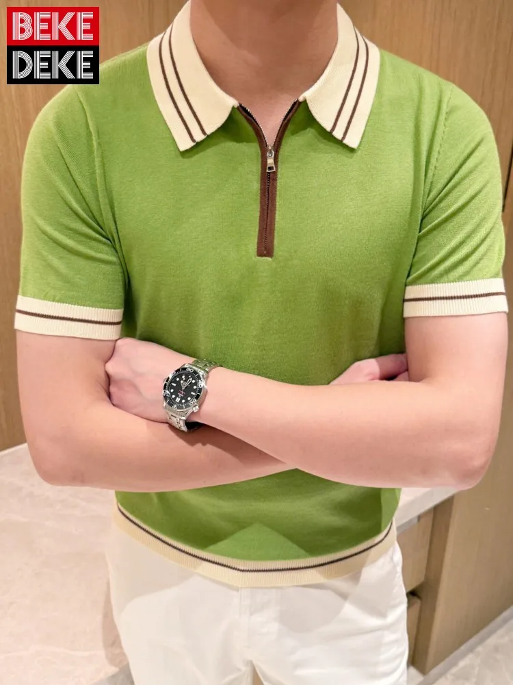 

Summer Mens Mixed Colors Knitted Tops Breathable Short Sleeve Lapel Collar Business Casual Work Tees Tops Slim Fit Male T-Shirts