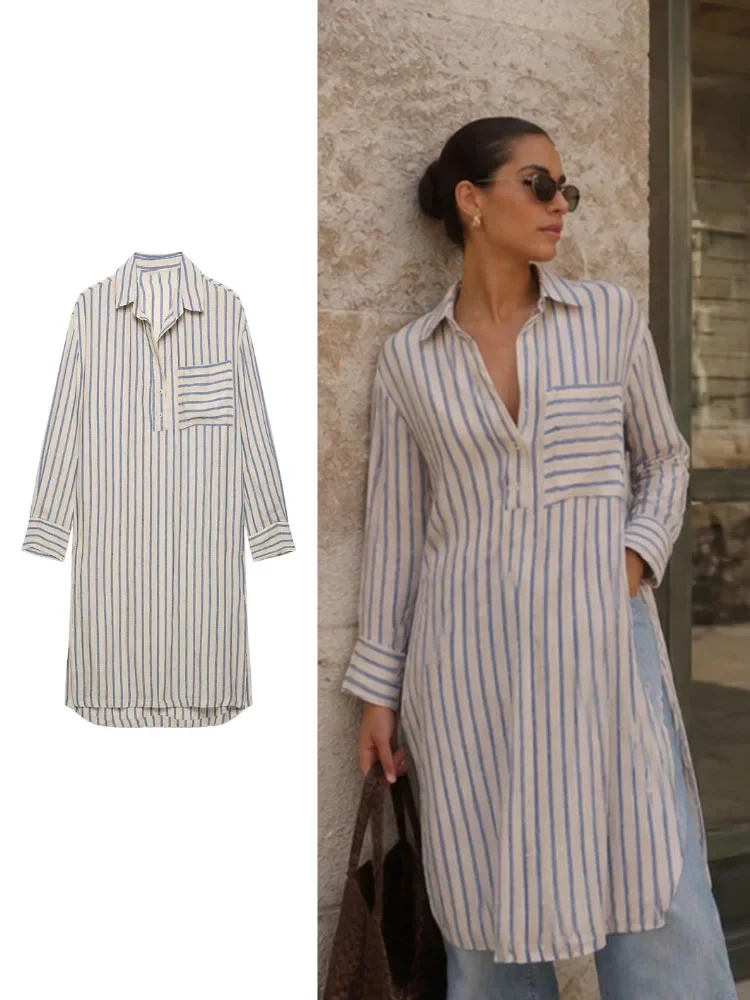 New Women Spring Summer Casual Blue White Striped Shirt Dress Collar Half Button Long Sleeve Side Slits Loose For Beach Vacation