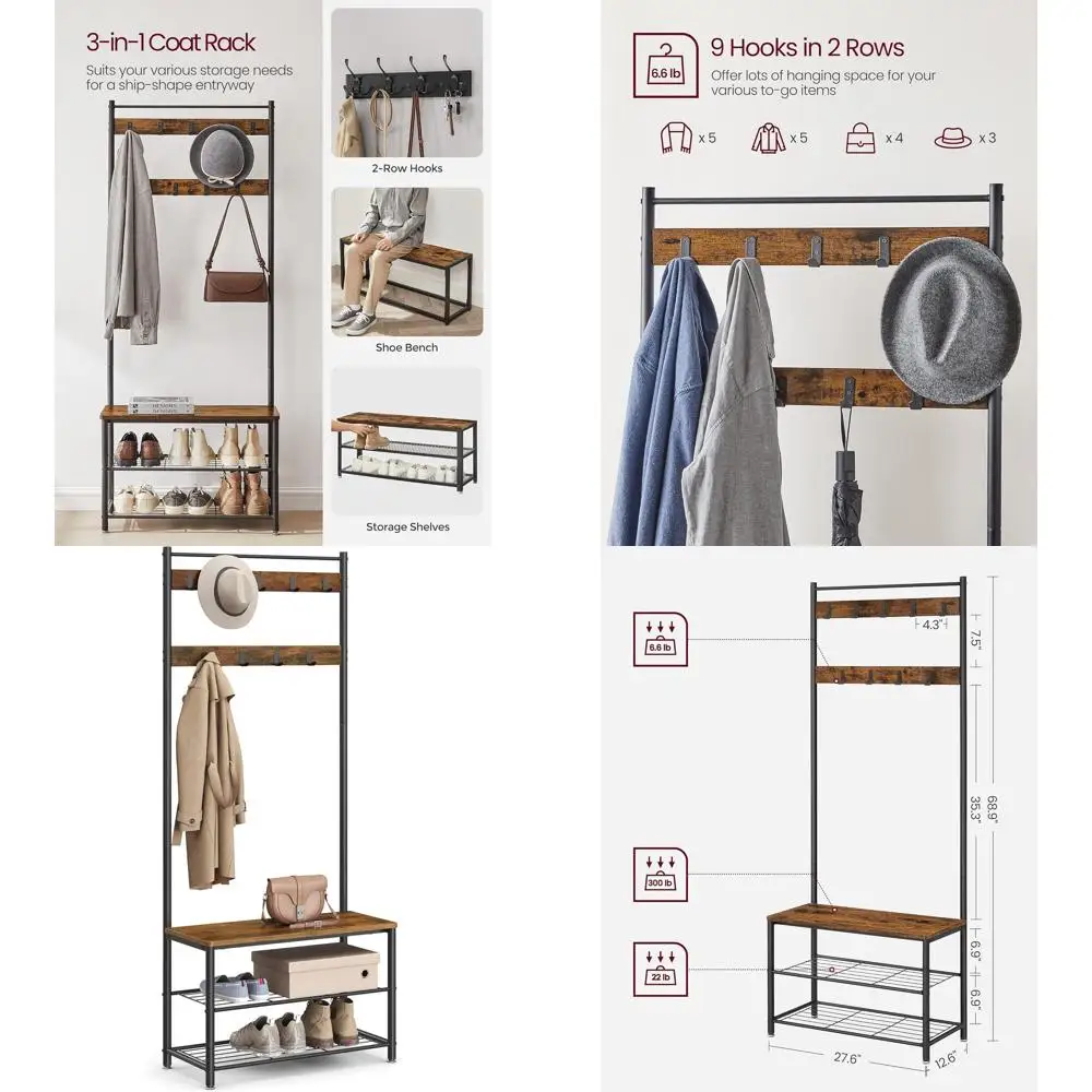 

Промышленная скамья для прихожей с местом для обуви и вешалкой для одежды, стальная рама 3-в-1, цвет рустик коричневый и черный, 12.6 x 27.6 x 68.9 UHSR41