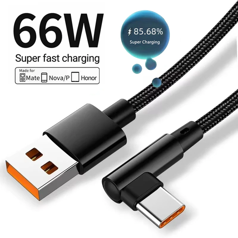 Type C USB 90 Degree Elbow Fast Charging Cable for Huawei P60 Honor 200 Xiaomi 13T Redmi POCO Quick Charge Type-C Braided Cables