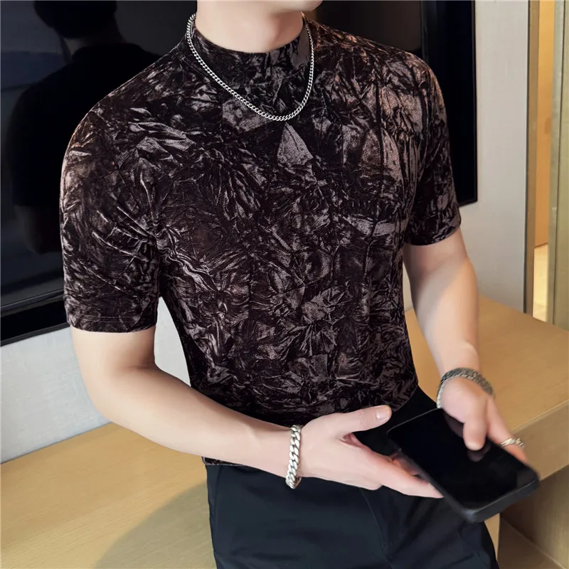 2025 Spring Summer Velvet Short Sleeved T-shirt Men Elastic Half High Neck Base Shirt Casual Business Social Top Men Clothing