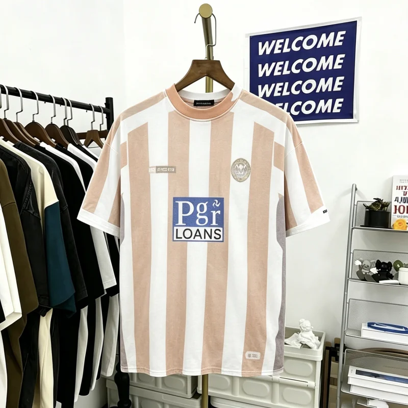 Retro American Striped Ball Jersey Style Short Sleeve Loose Printed T-Shirt Unisex Casual High Street Cotton round Neck Tee