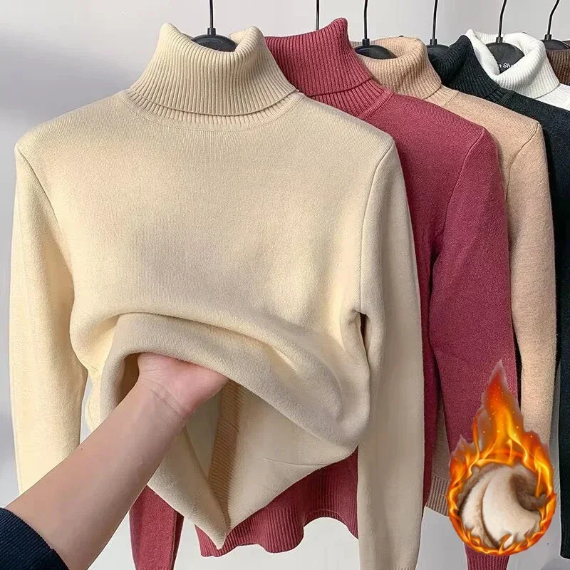 Zimowy sweter z golfem damski elegancki zagęszczony aksamitny podszewka ciepły sweter z dzianiny wąskie topy Jersey dzianinowy sweter nowość