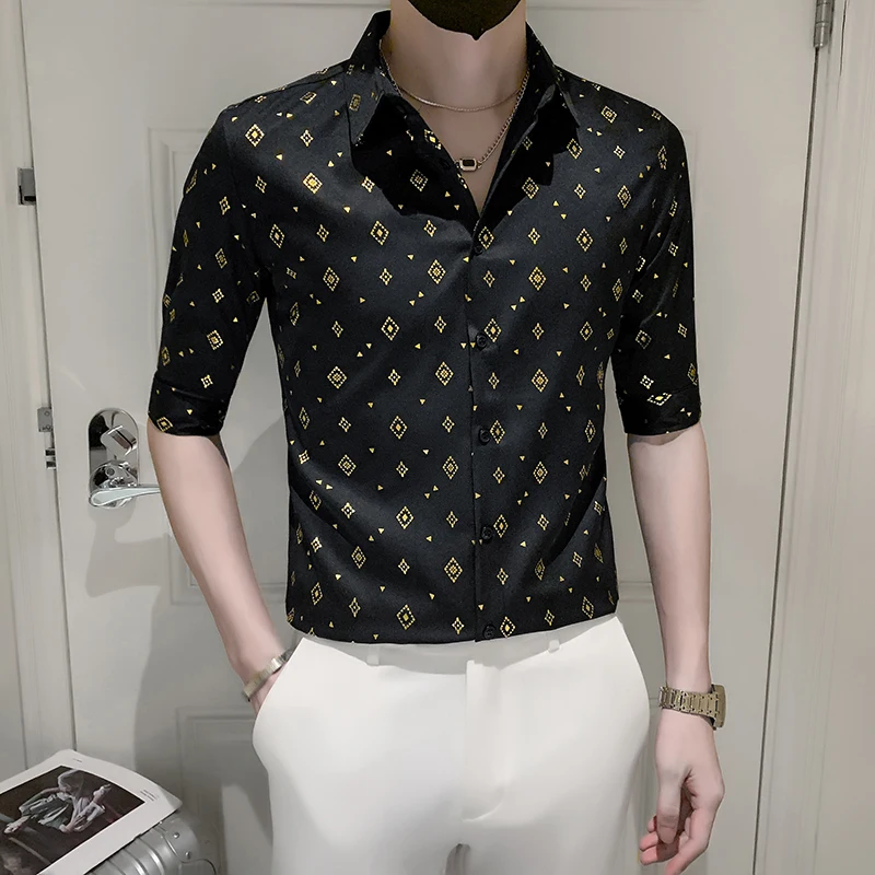 

Gold Pattern 3D Printing Fashion Boutique Half Sleeved Shirt Men Summer New Quality Smooth Comfortable Slim Fit Camisa Masculina