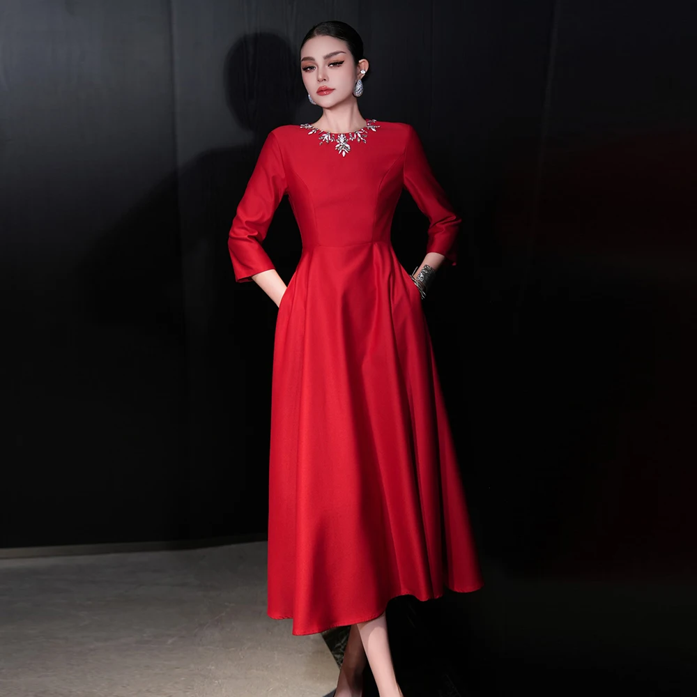 

ZJYT Elegant Luxury Autumn Midi Dresses for Women 2025 Three Quarter Sleeve Simple Red Beading Evening Party Dress Vestidos Lady