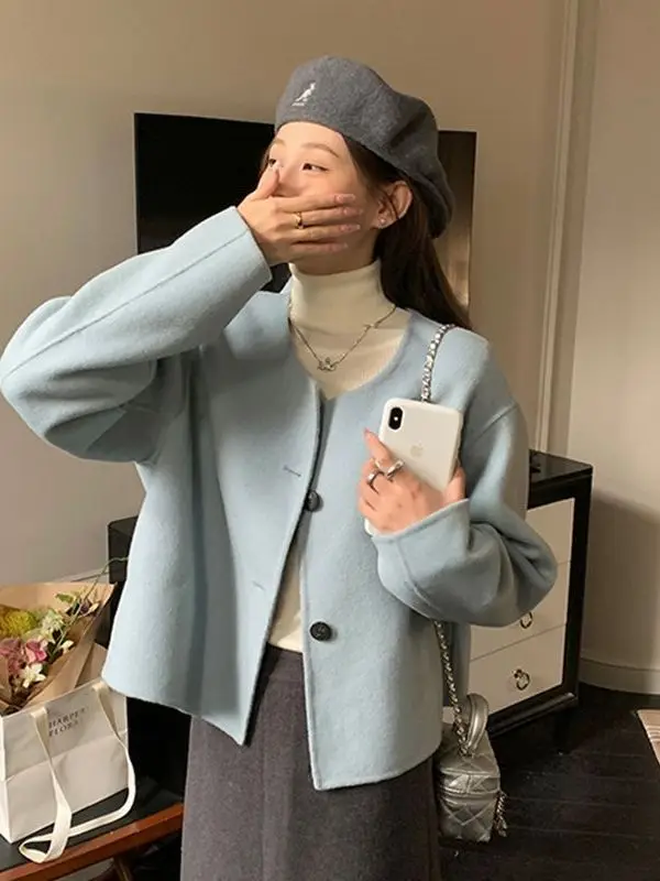 

Корейский укороченный шерстяной кардиган-топ для женщин, осенне-зимний, маленький размер, универсальный, молодежный, стильный, верхняя одежда