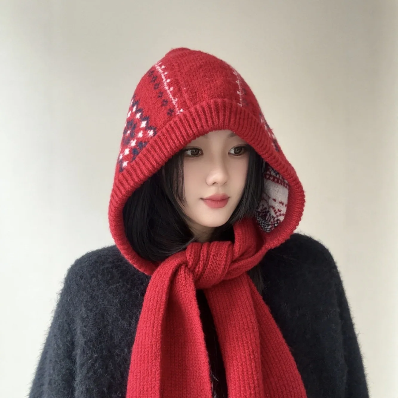 Fair Island Style Balaclava Hat, Fashionable in Autumn and Winter, Stacked Outside, Knitted Hat, Scarf, Integrated Warm Scarf