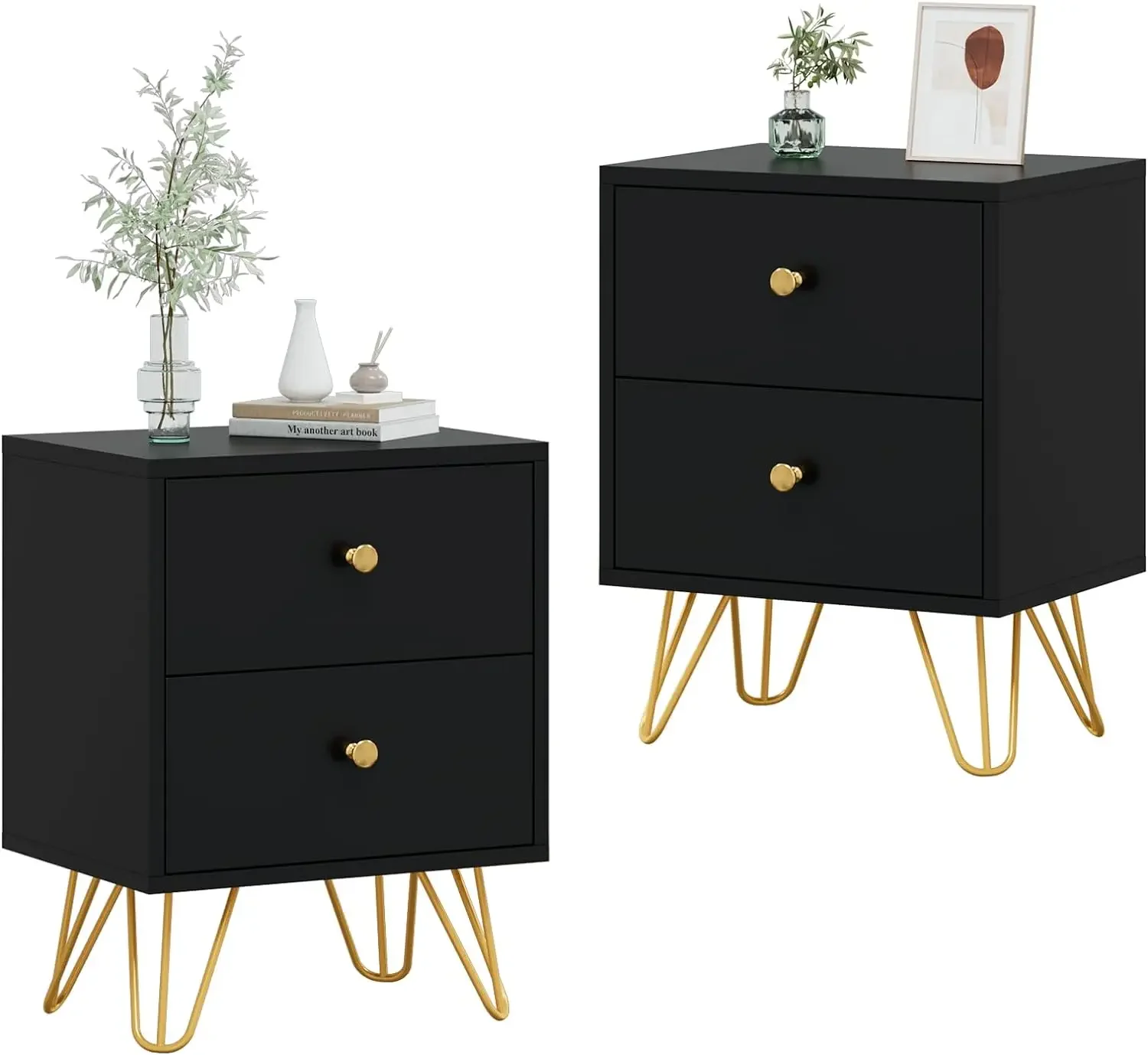 

Nightstand, End Side Table, Bedside Table with 2 Drawers Night Stand Metal Legs and Knobs for Bedroom Living Room