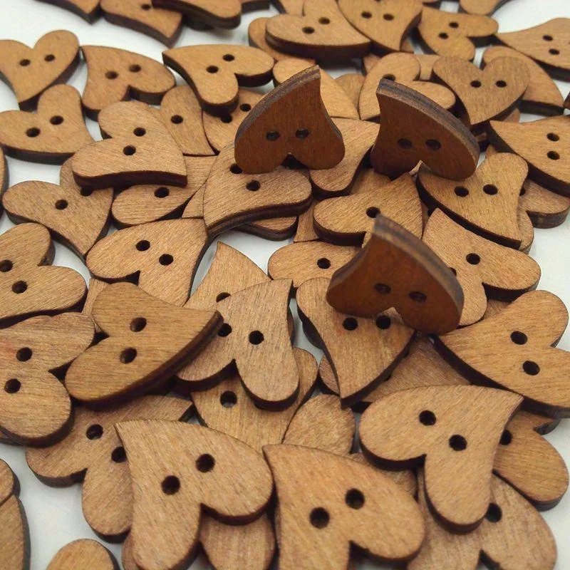 100 PCS Brown Wood Wooden Sewing Heart Shape Button Craft Scrapbooking 20mm