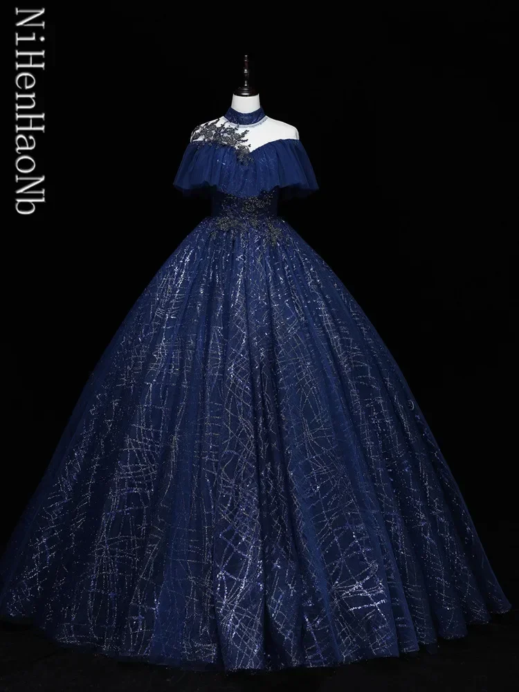 Vestidos De quinceañera azul oscuro De lujo, vestido De baile clásico con hombros descubiertos, trajes De fiesta personalizados