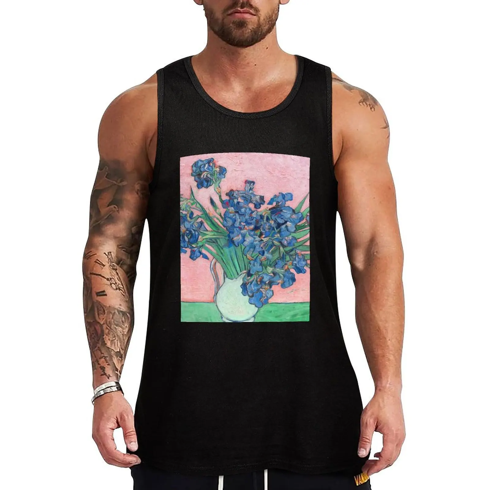 Van Gogh Irises in Vase Pink Background Tank Top Simple Basic Tank Top Regular Fit Sleeveless Shirt