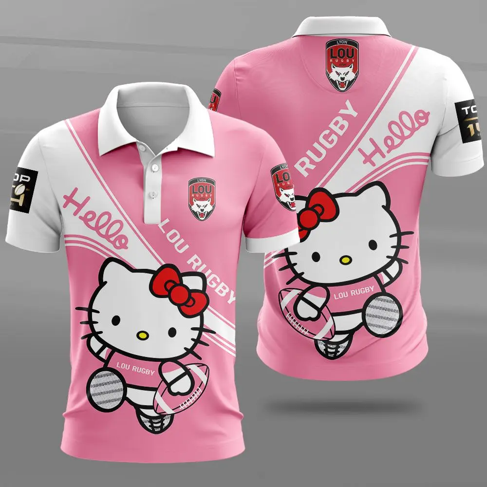 Hello Kitty Pattern 3D Printed Polo Shirts with Buttons Casual Comfortable Breathable Short Sleeves Outdoor Sport Clothing