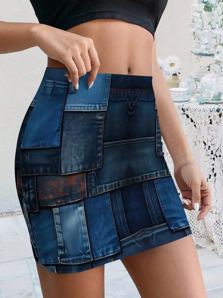 Women Denim Patchwork High Waist Mini Skirt