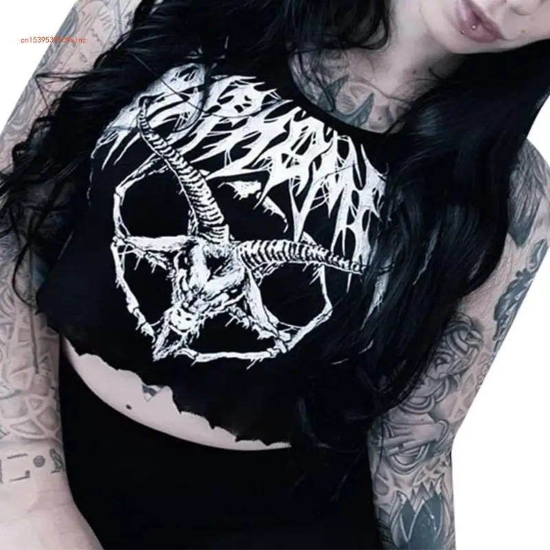 Frauen Gothic Punk Ärmelloses Dünnes Crop Top Goth Grunge Ziege Print Schwarz Leibchen Harajuku Rippen Stricken Dünne Weste Hemd