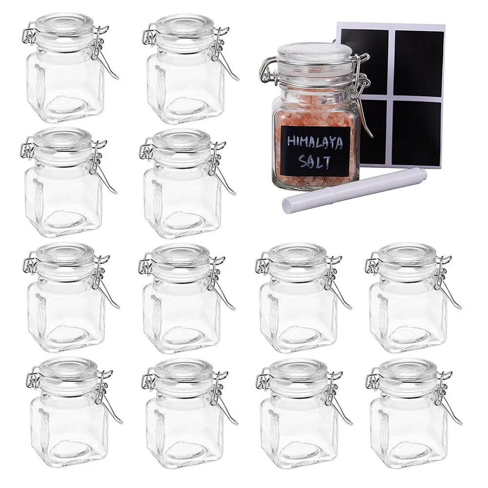 

3.4oz Small Airtight Glass Spice Jars with Lids & Clip Top,Square Bottles, Herb Jars, Mason Jars, Seasoning Containers