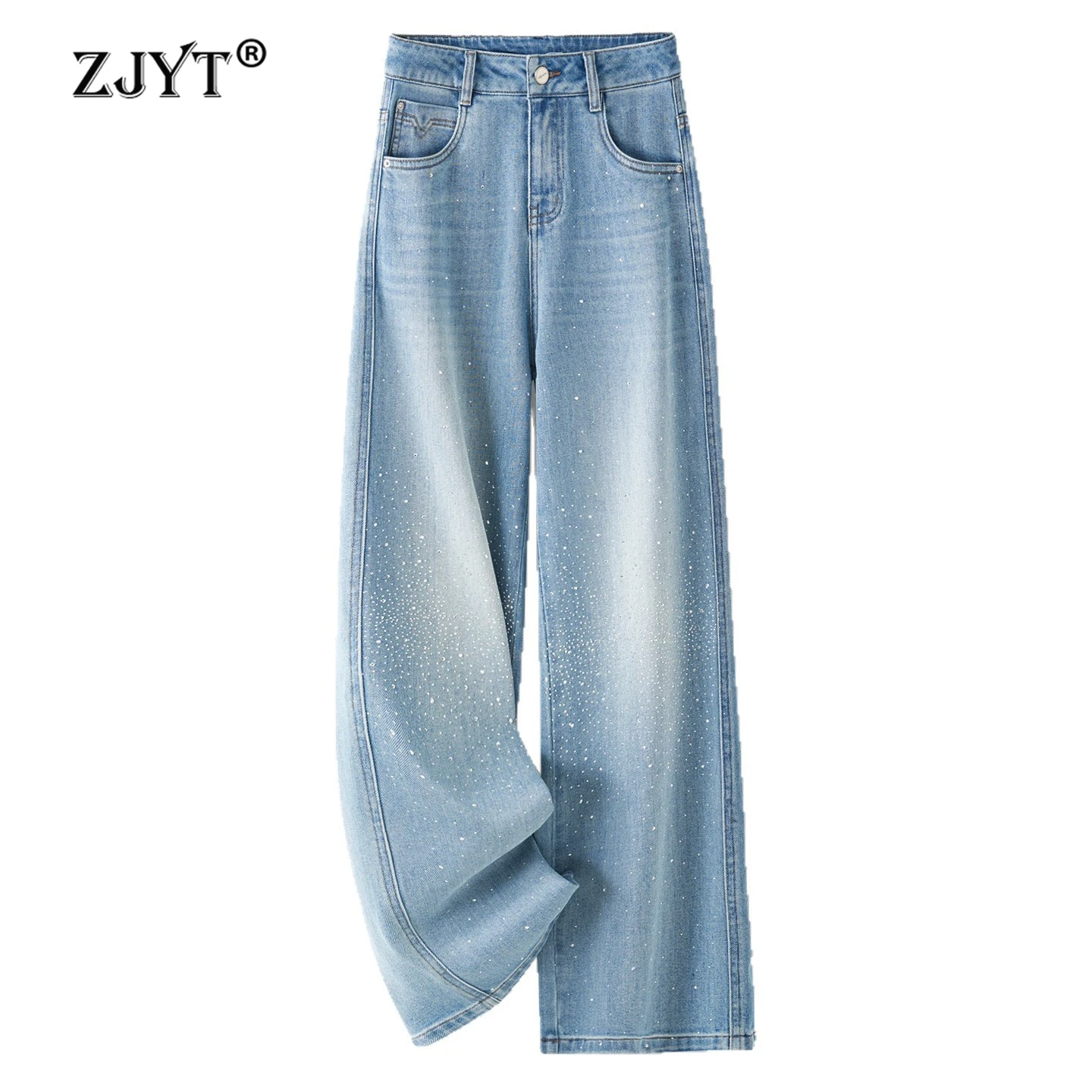 

Джинсы женские ZJYT Diamonds, синие, весна 2026, новая уличная мода, элегантные повседневные джинсовые брюки, женские широкие брюки-палаццо