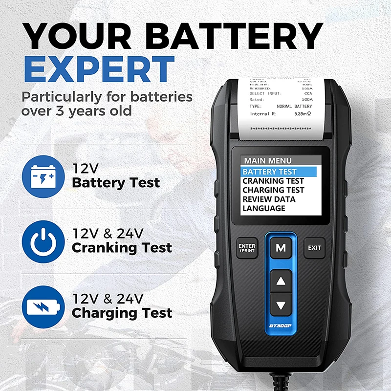 TOPDON BT300P Battery Tester with Printing 12V Digital Charging Cranking Test Tools for Car Auto Analyzer Vehicle 100-2000CCA