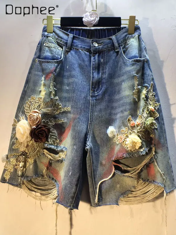 

European Station 2025 Summer New Splicing Lace Three-dimensional Flower Jeans Street Trend Ripped Wide-leg Pants Medium Pants