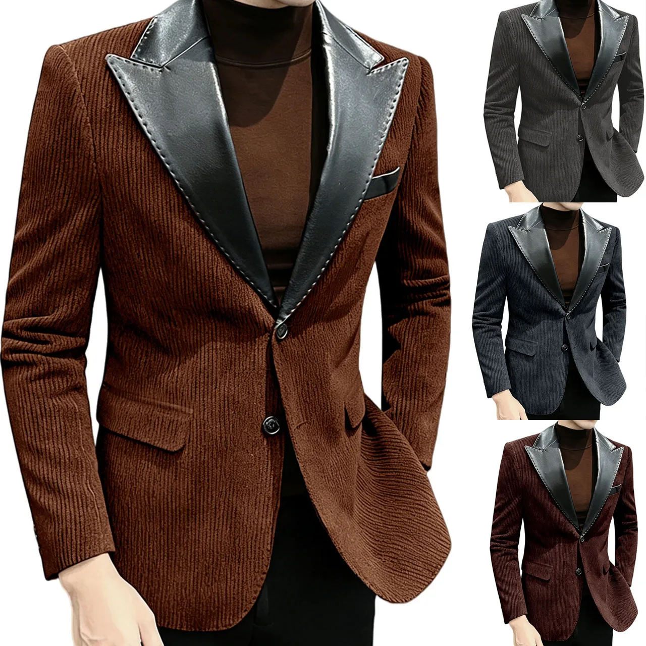 British Style Corduroy Men's Blazers High Quality Single Breasted Suit Jacket Fashion PU Leather Neck Spliced Coats